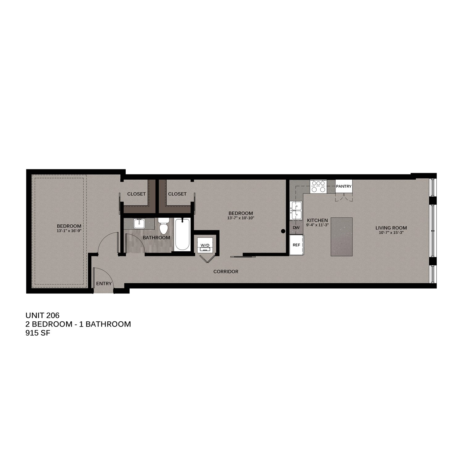 Floor plan for 2 beds, 1 bath, 980 sqft